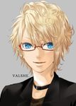  blonde_hair blue_eyes collar earrings glasses hakuseki highres jewelry male_focus niconico red-framed_eyewear solo valshe 