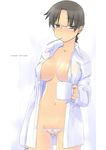  areola_slip areolae black_eyes black_hair blush braid breasts cup glasses hoshina_tomoko jitome large_breasts long_hair lowleg lowleg_panties mouth_hold mug navel no_bra open_clothes open_shirt panties shirt solo to_heart toothbrush tsuina underwear 