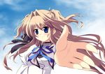  bad_id bad_pixiv_id blonde_hair blue_eyes bow foreshortening hair_bow hair_intakes hands long_hair mashiroiro_symphony minazuki_futago school_uniform sena_airi sky smile solo two_side_up 