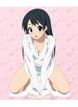  akane_(fukuoka_katsumi) all_fours bare_legs black_hair bottomless breasts brown_eyes cleavage dress_shirt fukuoka_katsumi long_hair medium_breasts nail_polish naked_shirt original shirt solo 