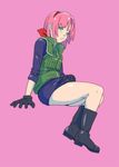  1girl arm_support black_boots black_gloves black_shirt blush boots bottomless covering covering_crotch eyelashes flak_jacket gloves green_eyes haruno_sakura head_tilt headband legs lips long_sleeves looking_at_viewer melonex naruto no_pants pink_background pink_hair shirt shirt_tug short_hair simple_background sitting solo thighs vest 