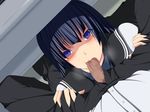  :&gt;= artist_request blue_hair blush censored fellatio kampfer long_hair looking_at_viewer looking_up oral purple_eyes saliva sangou_shizuku sweat under_table 