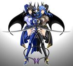  ankle_boots arm_strap arm_up bat_wings belt black_hair black_legwear blue_eyes blue_hair blue_legwear boots breasts breasts_apart buckle collar contrast covered_nipples demon_girl demon_tail dual_wielding fantasy full_body garter_straps gloves gradient gradient_background groin hair_ornament high_heels highleg highleg_leotard highres holding holding_weapon horns impossible_clothes isse large_breasts leg_lift leg_up leotard long_hair looking_at_viewer loose_belt multiple_belts multiple_girls multiple_swords original outstretched_arm over_shoulder parted_lips pointy_ears short_sword showgirl_skirt sidelocks skin_tight skirt smile succubus sword symmetry tail thigh_strap thighhighs turtleneck weapon weapon_over_shoulder wings 