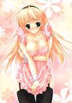  absurdres apron breasts cleavage cum cum_on_body cum_on_breasts cum_on_upper_body garter_belt highres large_breasts leg_garter long_hair mikeou miraroma nipple_slip nipples no_bra pink_apron seihouin_erika solo thighhighs wrist_cuffs 