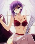  1girl 5pb. absurdres bra breasts earrings garter_belt highres indoors jewelry large_breasts lingerie looking_at_viewer mole_under_eye nail_polish panties pantyhose phantom_breaker purple_eyes purple_hair ria_(phantom_breaker) short_hair sitting solo suzuhira_hiro thighhighs underwear underwear_only 