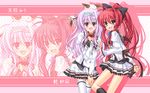  amaha_miu black_legwear blush bow braid cat fang frilled_skirt frills hair_bow hair_ribbon highres inui_sana long_hair mashiroiro_symphony miniskirt multiple_girls nakada_rumi open_mouth pan-nya pleated_skirt ponytail purple_eyes purple_hair red_hair ribbon school_uniform single_braid single_hair_intake skirt smile socks striped striped_skirt thighhighs wallpaper white_skirt zoom_layer 