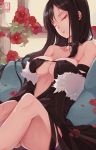  1girl ass bangs bare_shoulders black_collar black_dress black_hair black_jacket breasts camellia collar collarbone consort_yu_(fate) dress ear_piercing erect_nipples eyes_closed fate/grand_order fate_(series) flower fur-trimmed_jacket fur_trim head_tilt highres jacket large_breasts long_hair lying nekomimipunks on_back open_clothes open_jacket parted_lips petals piercing pillow plant red_flower revealing_clothes sleeping solo strapless strapless_dress very_long_hair vines 
