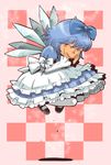  alternate_costume blue_dress blue_hair blush_stickers bow checkered checkered_background cirno closed_eyes dress embellished_costume frills gathers hair_bow jumping lolita_fashion mary_janes onikobe_rin shoes short_hair smile solo touhou wings 