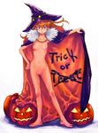  barefoot blue_eyes blush boyaking breasts cape collarbone frown fur_trim halloween hand_on_hip hat jack-o'-lantern long_hair looking_at_viewer md5_mismatch naked_cape navel neon_genesis_evangelion nipples nude orange_hair pumpkin pussy small_breasts solo souryuu_asuka_langley standing trick_or_treat uncensored witch_hat 