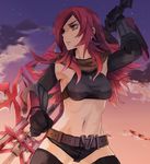  arm_up armpits belt clenched_hand cloud detached_sleeves earrings from_below frown gauntlets halter_top halterneck jewelry long_hair looking_away navel necklace pepe_(jonasan) pixiv_fantasia pixiv_fantasia_wizard_and_knight red_eyes red_hair short_shorts shorts sky solo star_(sky) starry_sky sword thighhighs twilight weapon 