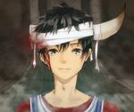  bad_id bad_pixiv_id bandages black_eyes black_hair bleeding blood broken_horn closed_mouth collarbone horns ico ico_(character) injury male_focus portrait signature smile solo spoilers yucca_(hitsujin) 