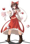  bow brown_hair detached_sleeves frilled_skirt frills hair_bow hair_ribbon hair_tubes hakurei_reimu highres medium_skirt midriff navel nekomushi ofuda red_eyes red_skirt ribbon sarashi skirt skirt_set solo standing touhou yin_yang 