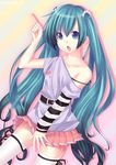  :o aqua_eyes aqua_hair bare_shoulders belt collarbone hatsune_miku index_finger_raised long_hair miniskirt off_shoulder open_mouth orange_skirt pleated_skirt pointing pointing_up skirt solo strap_slip striped striped_skirt thighhighs twintails v-shaped_eyebrows very_long_hair vocaloid watashishi 