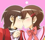  1girl blush brown_hair cravat glasses hair_ornament hairclip kami_nomi_zo_shiru_sekai katsuragi_keima kiss kosaka_chihiro neckwear_grab school_uniform shirt_pull surprise_kiss surprised yuto_(dialique) 