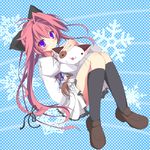  black_legwear blush bow braid cat hair_bow hair_ribbon inui_sana lace lace-trimmed_skirt long_hair mashiroiro_symphony miniskirt pan-nya pleated_skirt ponytail purple_eyes red_hair ribbon school_uniform single_braid single_hair_intake sitting skirt smile snowflakes socks solo takanashi_kou white_skirt 