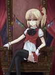  alternate_costume bad_id bad_pixiv_id black_legwear blonde_hair bow chair crossed_legs flandre_scarlet gloves hair_bow highres lace lace-trimmed_skirt miniskirt no_hat no_headwear ragecndy red_eyes red_skirt short_hair short_sleeves side_ponytail sitting skirt skirt_set skull solo thighhighs touhou white_gloves wings 
