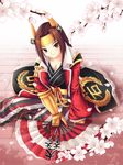  armor brown_hair cherry_blossoms fan genderswap green_eyes headdress ishida_mitsunari_(sengoku_musou) maxwindy sengoku_musou sengoku_musou_2 solo 