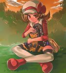  blush brown_eyes brown_hair gen_3_pokemon hat hat_ribbon hitoto hug indian_style kotone_(pokemon) mawile pokegear pokemon pokemon_(creature) pokemon_(game) pokemon_hgss red_ribbon ribbon short_hair sitting thighhighs twintails 