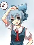  aqua_eyes arm_up blue_hair bow cirno dress food hair_bow hand_on_hip holding mitsu_yomogi musical_note open_mouth popsicle short_hair smile solo touhou 