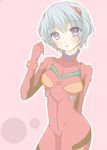  arm_behind_back ayanami_rei bad_id bad_pixiv_id bangs blush bodysuit bracer breasts cosplay eyebrows_visible_through_hair gloves grey_hair hair_between_eyes hand_up head_tilt headgear hips looking_at_viewer mashiro_momo neon_genesis_evangelion number outline parted_bangs pilot_suit pink_background plugsuit purple_eyes red_bodysuit short_hair simple_background small_breasts solo souryuu_asuka_langley souryuu_asuka_langley_(cosplay) standing straight_hair surprised thighs turtleneck twisted_torso 