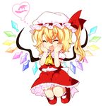  blonde_hair blush closed_eyes fang flandre_scarlet hands_on_own_face happy hat kiri_futoshi lowres open_mouth ribbon solo thinking thought_bubble touhou wings witch_hat 
