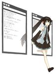  alternate_hair_color black_hair blue_eyes chat_log detached_sleeves digital_dissolve hatsune_miku headphones highres linux long_hair materializing necktie rukah skirt solo terminal through_screen translated twintails very_long_hair vocaloid window_(computing) 