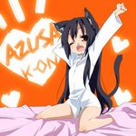  animal_ears black_hair cat_ears cat_tail dress_shirt fang green_panties k-on! long_hair nakano_azusa one_eye_closed orange_eyes panties shirt solo stretch tail takeya_yuuki twintails underwear yawning 