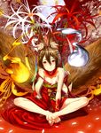  animal_ears bad_id bad_pixiv_id bare_shoulders barefoot bow brown_hair feet fire flat_chest flower hair_ornament highres indian_style japanese_clothes kimono legs multiple_tails npa_(sirokurokuma) original petals red_eyes short_hair sitting smile soles solo tail toes 