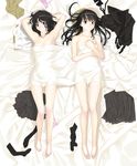  amagami armpits arms_behind_head ayatsuji_tsukasa barefoot bed_sheet black_legwear bra clothes_on_floor covering feet flat_chest full_body legs lingerie multiple_girls naked_sheet nude nude_cover panties sakamoto_mineji school_uniform skirt socks tanamachi_kaoru underwear 