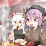  animal_ears bad_id bad_pixiv_id bottle coal fire food fujiwara_no_mokou kikuichi_monji long_hair multiple_girls mystia_lorelei nervous short_hair tasuki touhou 