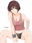  bare_shoulders breasts brown_eyes brown_hair cleavage covered_nipples large_breasts original ryouzou short_hair signature simple_background solo spread_legs tank_top 