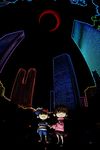  1girl building chibi city cochlea crossover dark fisheye high_contrast holding_hands madotsuki moon moonside mother_(game) mother_2 ness pink_shirt shirt skyscraper tokyo_city_hall yume_nikki 