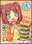  1girl bad_id bad_pixiv_id bangs black_border blush blush_stickers border brown_hair eyebrows_visible_through_hair fingers_together food green_eyes hamburger idolmaster idolmaster_(classic) long_hair long_sleeves no_nose oekaki open_mouth orange_background raglan_sleeves shirt solo takatsuki_tsukasa takatsuki_yayoi translated twintails 