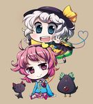  :3 blue_eyes chibi hairband hat heart heart_of_string kabayaki_unagi kaenbyou_rin kaenbyou_rin_(cat) komeiji_koishi komeiji_satori multiple_girls open_mouth pink_eyes pink_hair reiuji_utsuho reiuji_utsuho_(bird) short_hair siblings sisters sitting skirt smile touhou white_hair |_| 