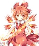  achi_cirno alternate_color alternate_element bad_id bad_pixiv_id bow cirno colored_eyelashes dress eyelashes fiery_wings fire hair_bow hand_on_hip mitsu_yomogi orange_eyes orange_hair short_hair smirk solo touhou wings 