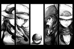  bandana beanie blue_(pokemon) breasts cabbie_hat cleavage column_lineup greyscale haruka_(pokemon) hat hikari_(pokemon) kotone_(pokemon) long_hair medium_breasts monochrome multiple_girls one_eye_closed poke_ball pokemon pokemon_(game) pokemon_dppt pokemon_frlg pokemon_hgss pokemon_rse porkpie_hat scarf shadow_cat smile twintails 