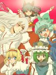  alice_margatroid battle blonde_hair blue_hair blush brown_hair cirno clenched_hand fujiwara_no_mokou green_hair grey_hair hairband hakurei_reimu hat machomaru multiple_girls open_mouth shiki_eiki shouting sweatdrop touhou 