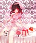  animal_ears brown_hair bunny_ears cake dessert dress embellished_costume food food_on_face frills inaba_tewi john_hathway leg_garter legs pink_dress red_eyes short_hair sitting solo tail touhou 