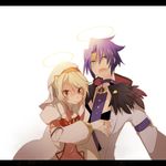  1girl alice_(tales) bad_id bad_pixiv_id blonde_hair blue_eyes couple decus feathers fingerless_gloves gloves halo hat hetero hyakuhachi_(over3) letterboxed purple_hair short_hair simple_background tales_of_(series) tales_of_symphonia tales_of_symphonia_knight_of_ratatosk white_background white_gloves yellow_eyes 
