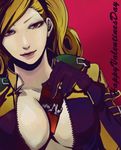  between_breasts blonde_hair bodysuit breasts brown_eyes chocolate cleavage hairband kof:_maximum_impact large_breasts lien_neville snk solo the_king_of_fighters valentine zipper 