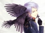  albino animal animal_on_shoulder axis_powers_hetalia bad_id bad_pixiv_id bird bird_on_shoulder cross crow face gloves highres male_focus military military_uniform noco_(adamas) prussia_(hetalia) red_eyes silver_hair solo uniform 