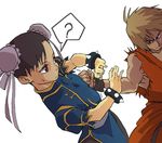  1girl bad_id bad_pixiv_id blonde_hair brown_eyes brown_hair china_dress chinese_clothes chun-li dress ken_masters kotoyama pantyhose pelvic_curtain street_fighter 