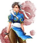  bad_id bad_pixiv_id bracelet brown_eyes brown_hair bun_cover china_dress chinese_clothes chun-li double_bun dress eyeshadow jewelry makeup nakaharaka pantyhose pelvic_curtain sash solo spiked_bracelet spikes street_fighter 