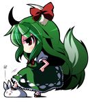  bunny chibi ex-keine green_hair horn_ribbon horns kamishirasawa_keine long_hair red_eyes ribbon rikumaru solo touhou 