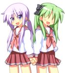  alternate_hairstyle blue_eyes green_hair hair_ribbon hairstyle_switch hiiragi_kagami holding_hands long_hair lucky_star mai_(t-5) multiple_girls pink_neckwear pleated_skirt purple_hair ribbon ryouou_school_uniform school_uniform serafuku skirt smile transparent_background tsurime twintails yamanobe_tamaki 