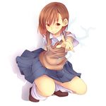  \m/ armpit_peek bad_id bad_pixiv_id biribiri blush brown_eyes brown_hair electricity foreshortening loose_socks misaka_mikoto namikan school_uniform skirt smile socks solo squatting to_aru_majutsu_no_index 