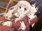  black_hair blonde_hair blue_eyes blush game_cg kawamura_reo library long_hair multiple_girls peko sawaguchi_mai school_uniform short_hair sono_hanabira_ni_kuchizuke_wo yuri 