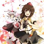  animal_ears armband brown_hair camera casvalnini detached_sleeves geta hat inubashiri_momiji multiple_girls pointy_ears red_eyes shameimaru_aya short_hair silver_hair tail tengu-geta tokin_hat touhou wolf_ears wolf_tail 