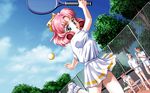  1girl 3boys ball game_cg kakyuusei multiple_boys pink_hair racket sky sportswear tennis tennis_ball tennis_racket tennis_uniform 
