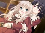  black_hair blonde_hair blue_eyes blush game_cg kawamura_reo library long_hair multiple_girls peko red_eyes sawaguchi_mai school_uniform short_hair sono_hanabira_ni_kuchizuke_wo yuri 